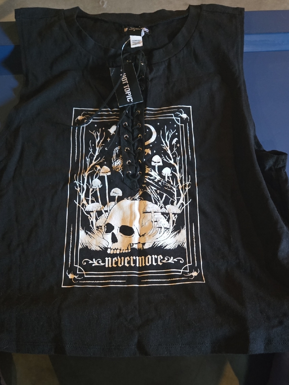 Hot Topic Black Lace-Up 'Nevermore' Skull & Mushroom Crop Top